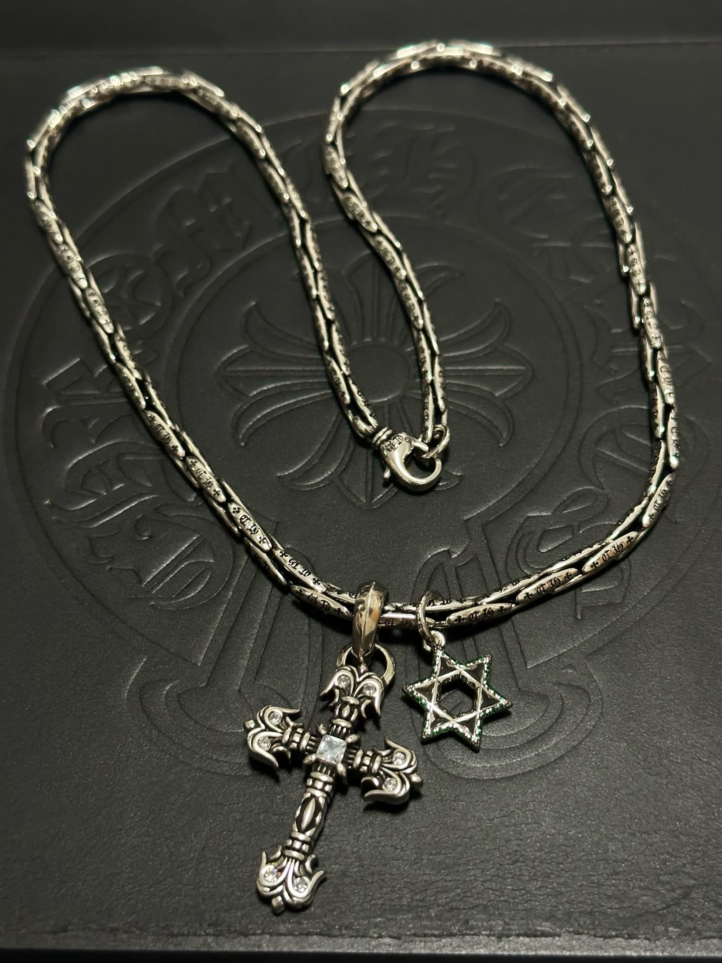 Chrome Hearts Silver Cross and Star of David Pendant Necklace